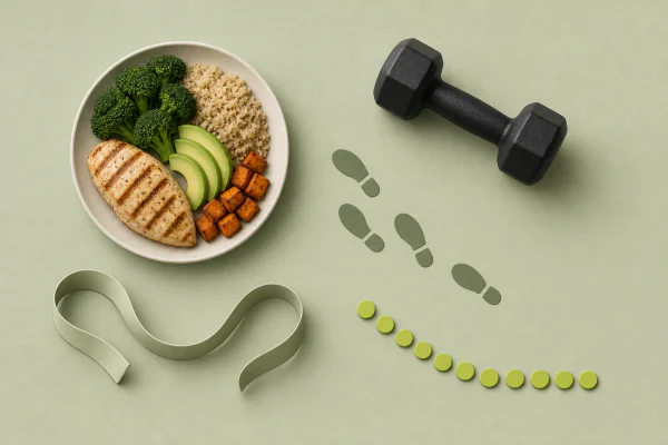 Repas équilibré, haltère, pas, mètre ruban et repères verts montrant une tendance progressive