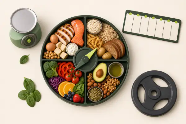 Boussole alimentaire circulaire avec protéines, féculents, matières grasses, fruits, légumes et balance de cuisine