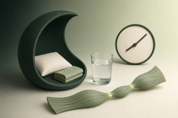 Alcôve de repos verte avec coussin, serviette, eau, horloge et fibres musculaires qui se reconnectent