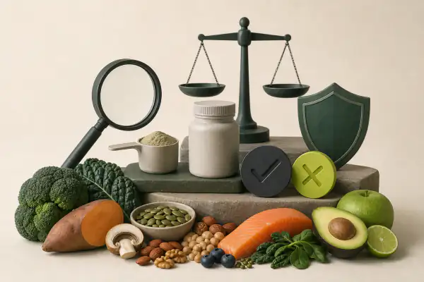Aliments, poudre sans marque, loupe, balance et bouclier représentant l’évaluation des compléments
