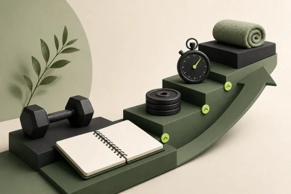 Parcours d’entraînement vert et noir avec haltère, carnet, disques, chronomètre et repères de progression