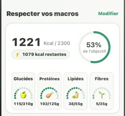 Carte Nalko Respecter vos macros avec calories consommées et restantes, glucides, protéines, lipides et fibres