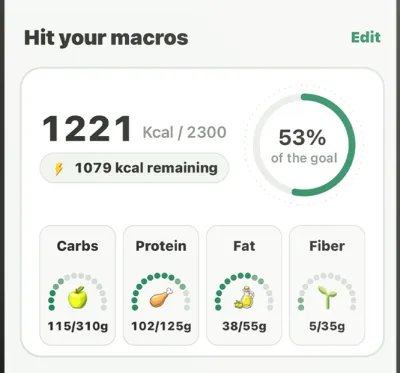 Cartão de macros Nalko com calorias consumidas e restantes, hidratos de carbono, proteína, gordura e fibra
