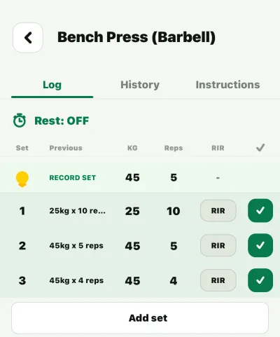 Nalko bench-press screen with previous set, kilograms, repetitions, RIR and add-set button