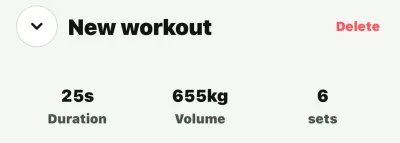 Nalko workout summary showing 25 seconds, 655 kilograms of volume and 6 sets