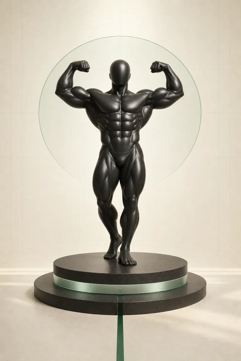 Black mannequin in a double-biceps bodybuilding pose, symbolizing the decision to take action