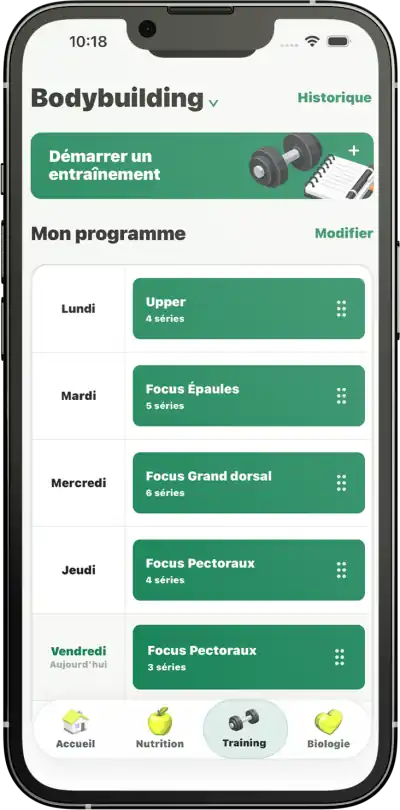 Capture du carnet de musculation Nalko avec programme hebdomadaire et historique des entraînements